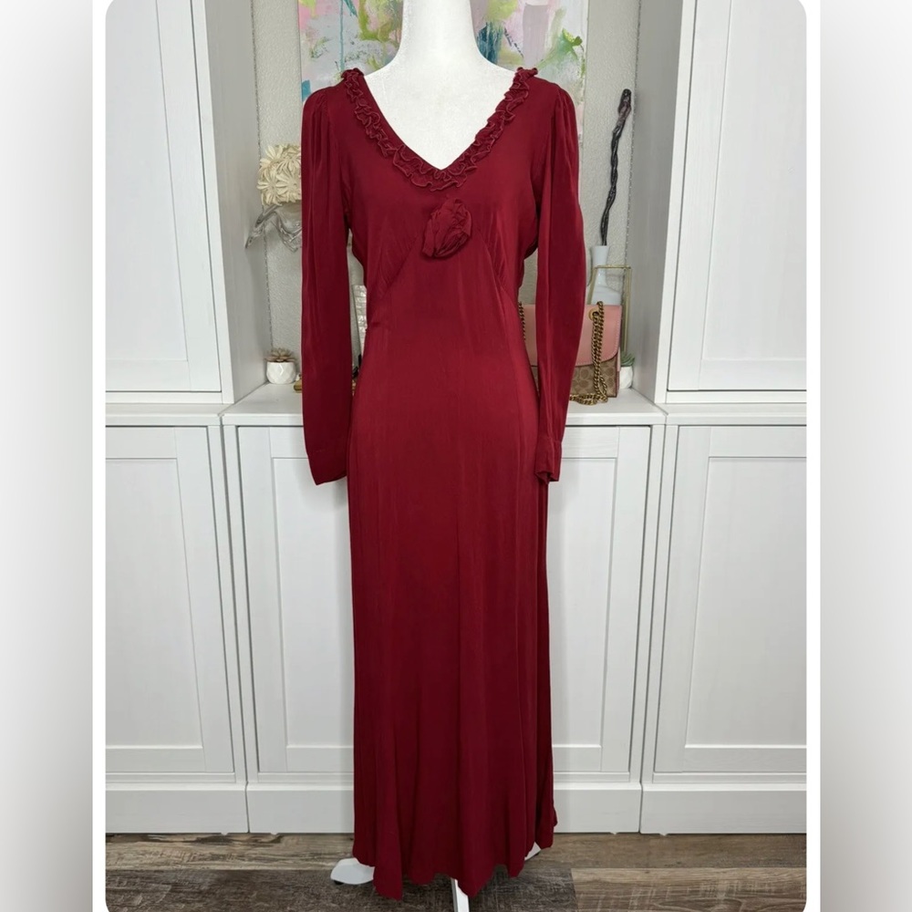 ♥️ VINTAGE BETSEY JOHNSON RED SCARLET ROSETTE MAXI DRESS XS S 0 2 4 6